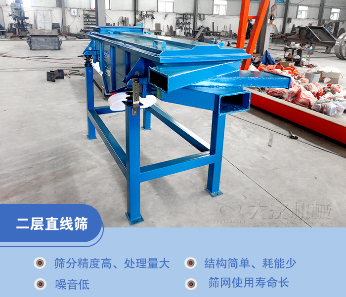 兩層直線(xiàn)振動(dòng)篩是兩層篩網(wǎng)三個(gè)出料口能夠同時(shí)滿(mǎn)足物料三種不同顆粒大小的篩分。