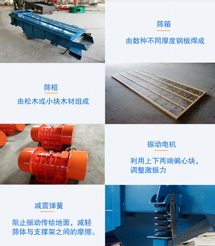 小型直線篩篩箱，篩框，振動電機(jī)，彈簧等部件圖片展示